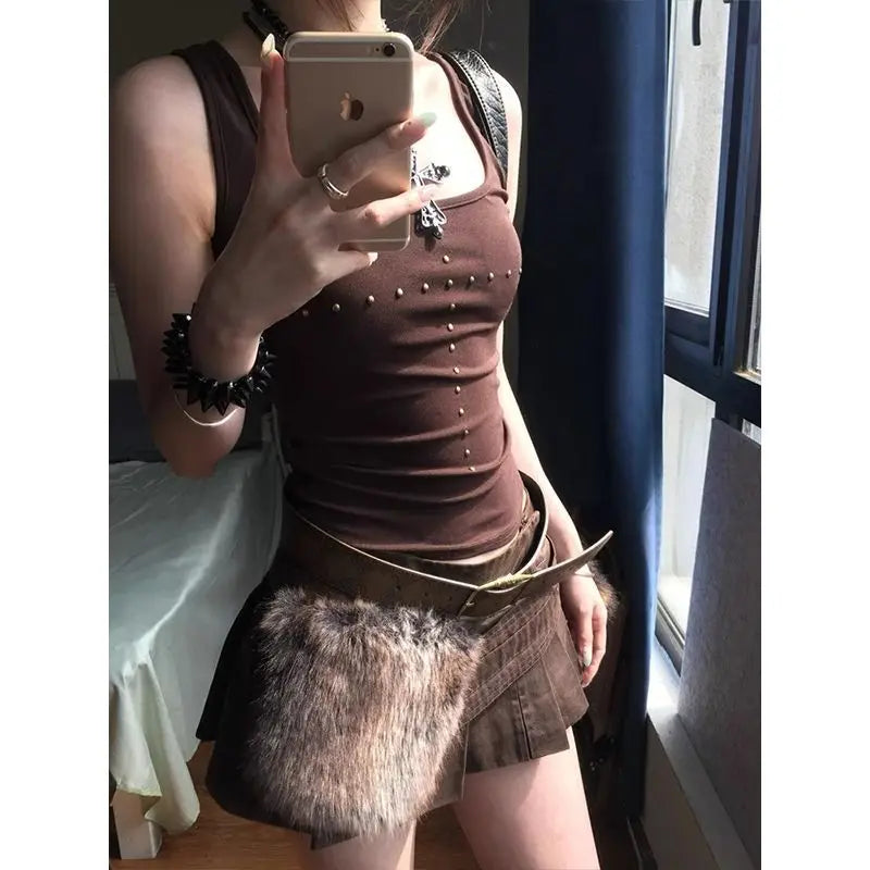 Brown Beading Vintage Clothing Y2k Tank Tops Women 2000s Clothes Fashion Sport Sleeveless T-shirt Slim Fitted Basic Tees