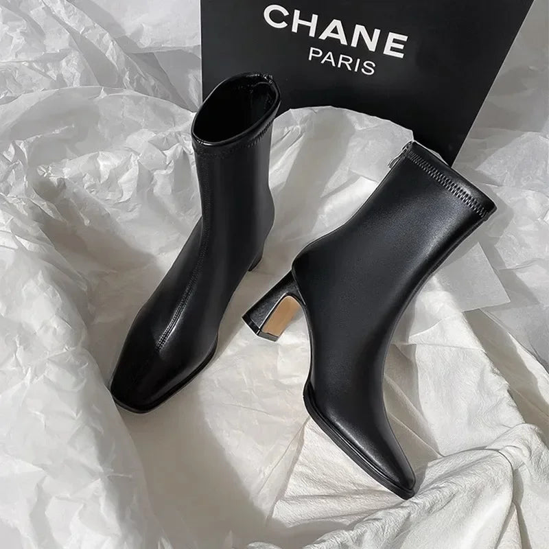 Square Toe Ankle Boots – Thick Heel Cotton Lined