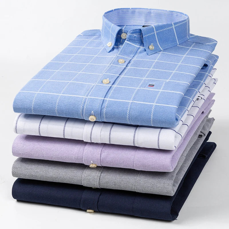 100% Cotton Oxford Men Shirts Long Sleeves Plaid Soft Regular Fit Formal Dress Shirt Pocket Social Blouse Male Clothes S-7XL