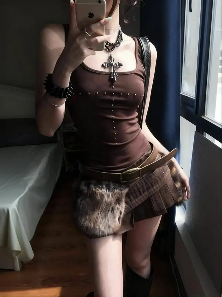 Brown Beading Vintage Clothing Y2k Tank Tops Women 2000s Clothes Fashion Sport Sleeveless T-shirt Slim Fitted Basic Tees