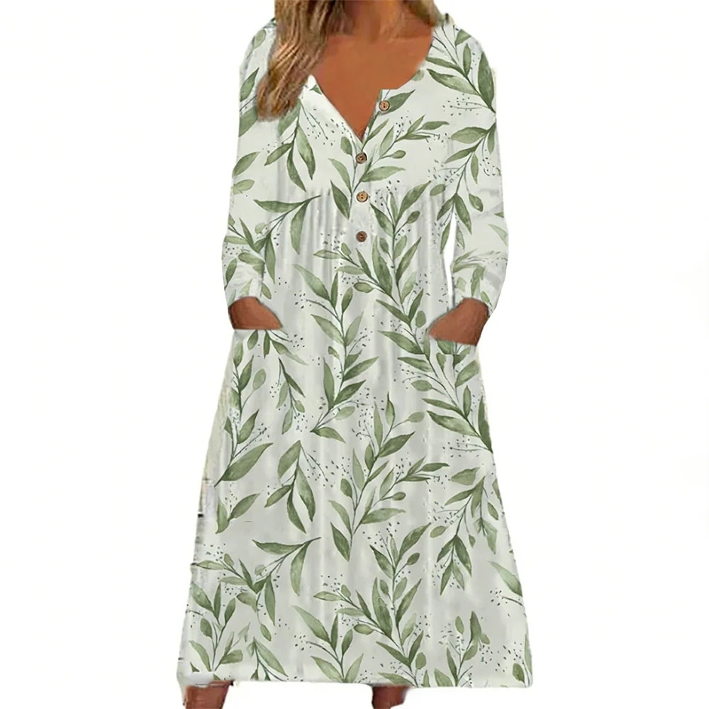 2026 Fall & Winter New Arrival Women's V-Neck Button Long Sleeve Dress Floral Print Loose Casual Midi Dress