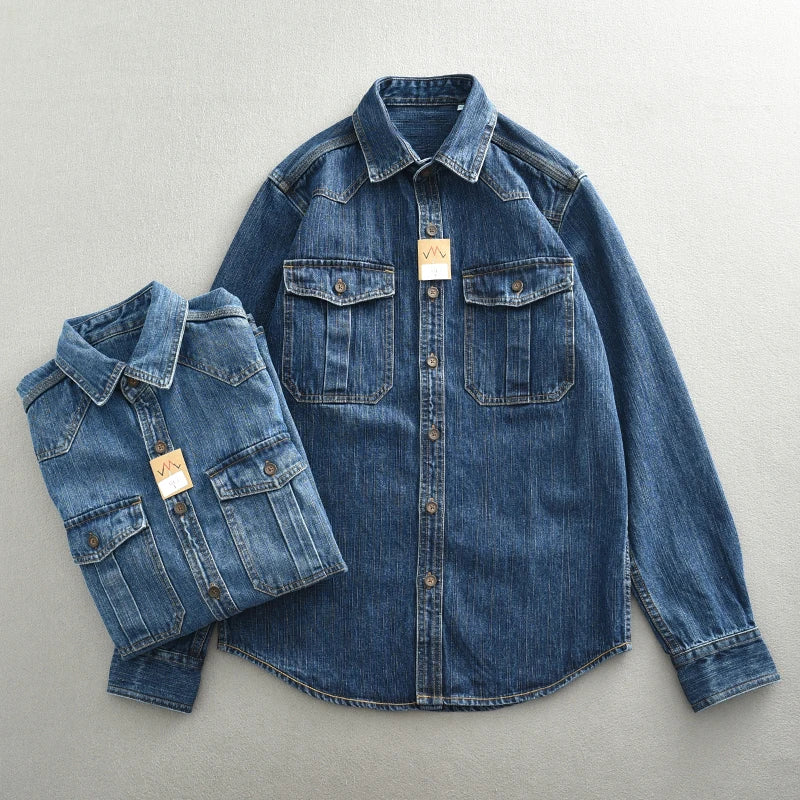 HEAVY DENIM OVERSHIRT - Men's Loose Fit Long Sleeve Cotton Shirt Turn-Down Collar Pockets - Two Colorways