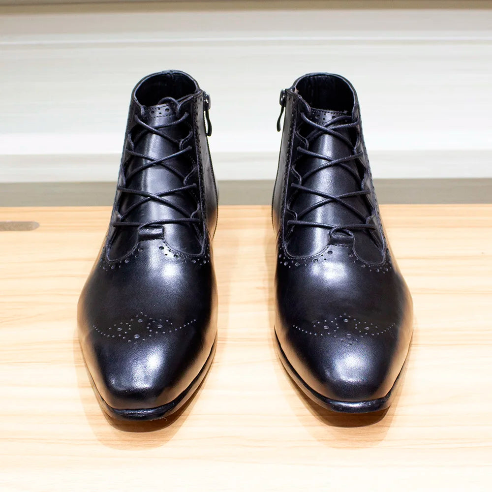 Genuine Leather Ankle Boots - Lace Up Zip British Style Dress Oxford Pointed Toe
