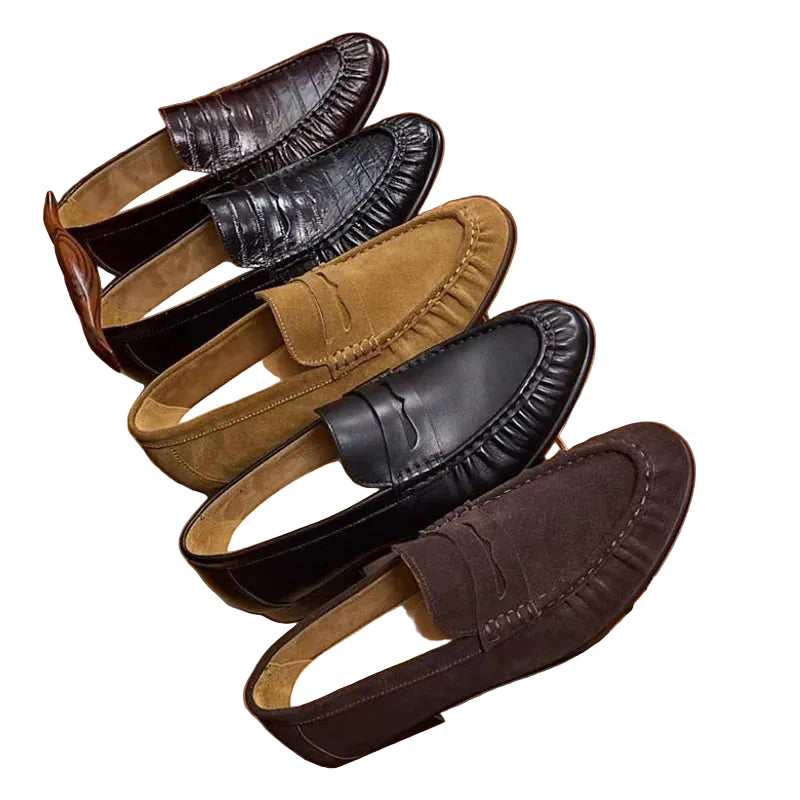 Men's Genuine Leather Loafers - Vintage Pleated Pointed Toe Slip-On Handmade