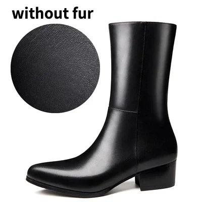 British Luxury Mid-Calf Dress Boots - Genuine Leather Pointed Toe Zip Handmade