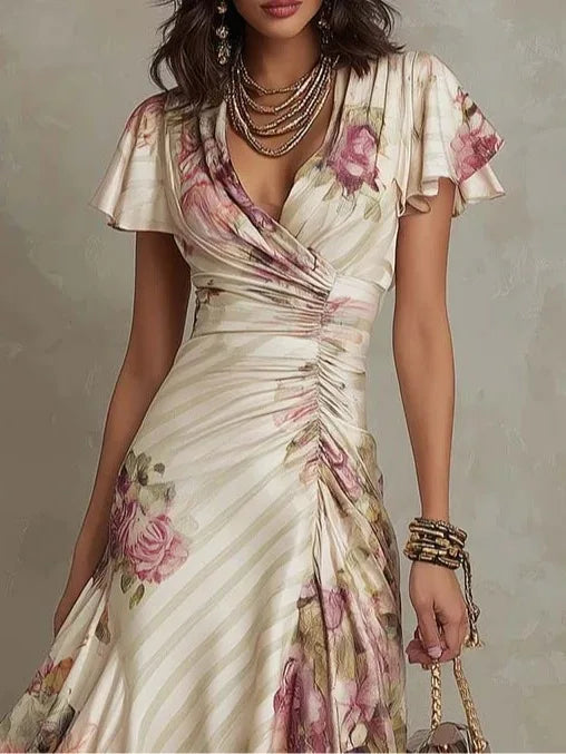 Fashion Print Sexy Deep V Neck Ruffle Short Sleeve Women's Dress Summer Fashion Pleated Slim Elegant Female Party Dresses 2026
