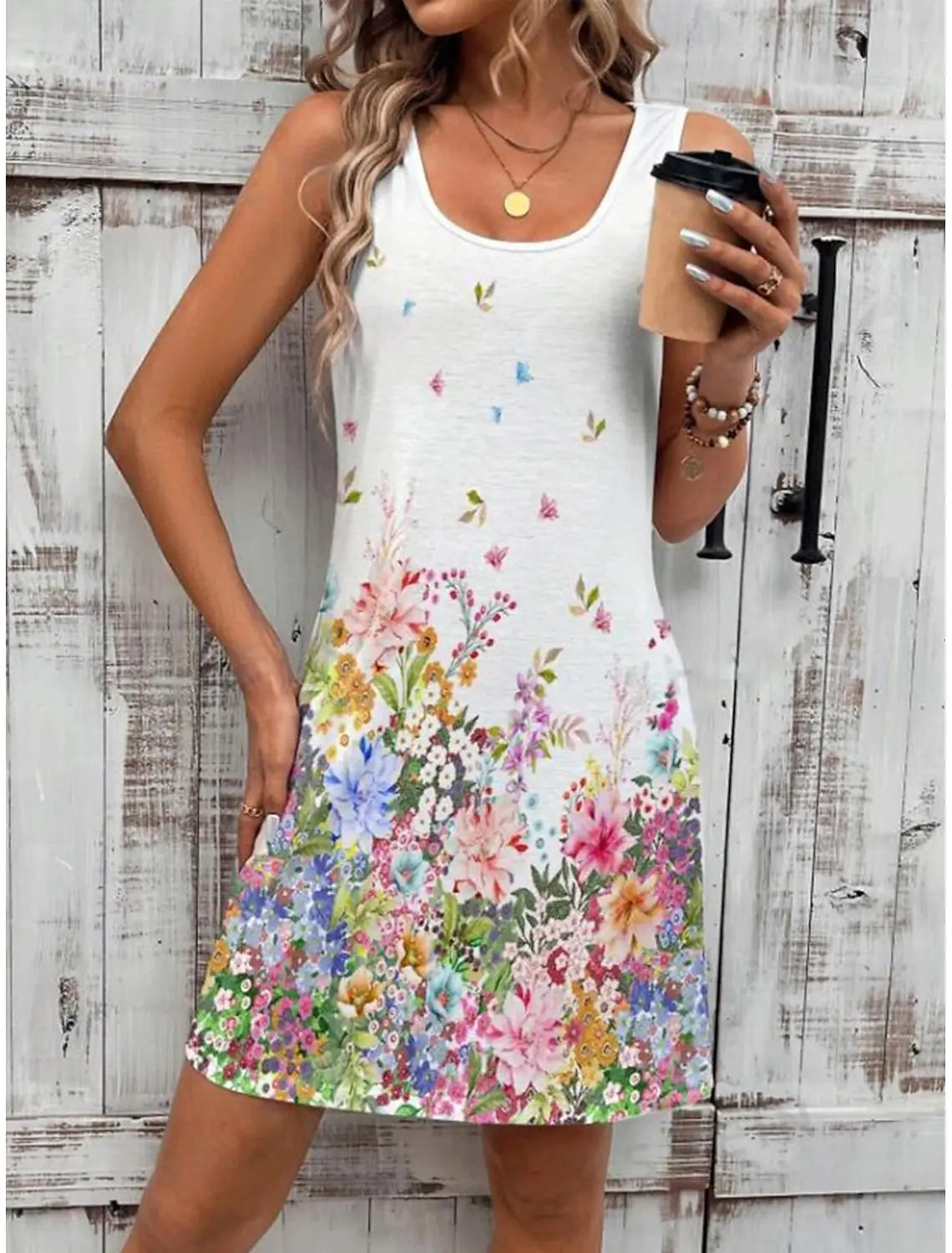 Women's Sleeveless Crew Neck Tank Mini Dress, Cute Floral Print, Loose Casual Summer Vacation Daily Dress