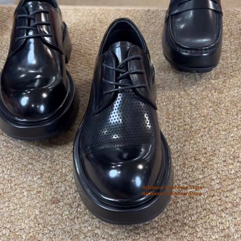 AIR ROUND - Men's Hollow-Out Thick-Sole Derby Shoes - Breathable Round Toe Business Casual Leather Shoes