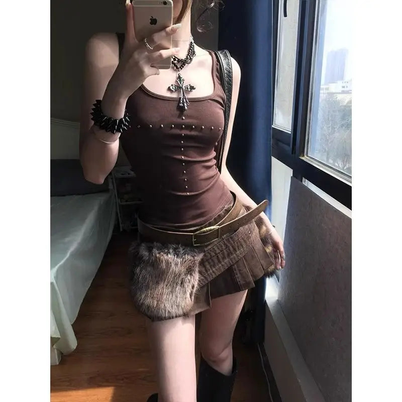 Brown Beading Vintage Clothing Y2k Tank Tops Women 2000s Clothes Fashion Sport Sleeveless T-shirt Slim Fitted Basic Tees