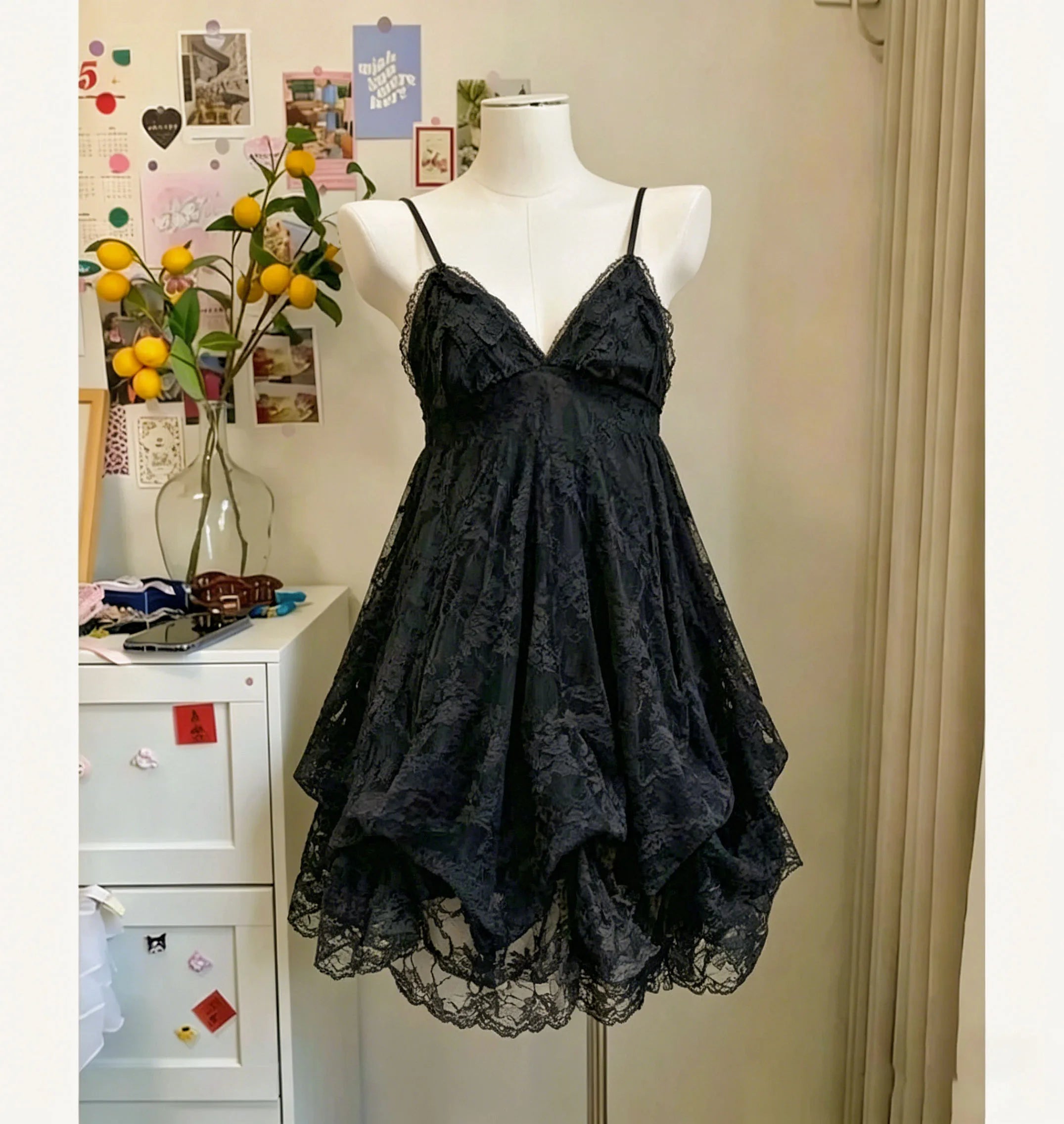 2000s Gothic Vintage Mini Dress Women Sleeveless Strap Party Dress Evening Lace Retro Cltohing Japanese Y2k Black Chic Lolita