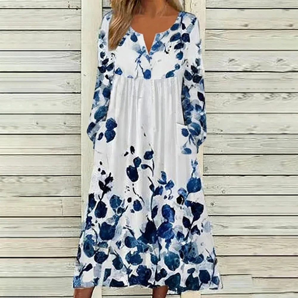 2026 Fall & Winter New Arrival Women's V-Neck Button Long Sleeve Dress Floral Print Loose Casual Midi Dress
