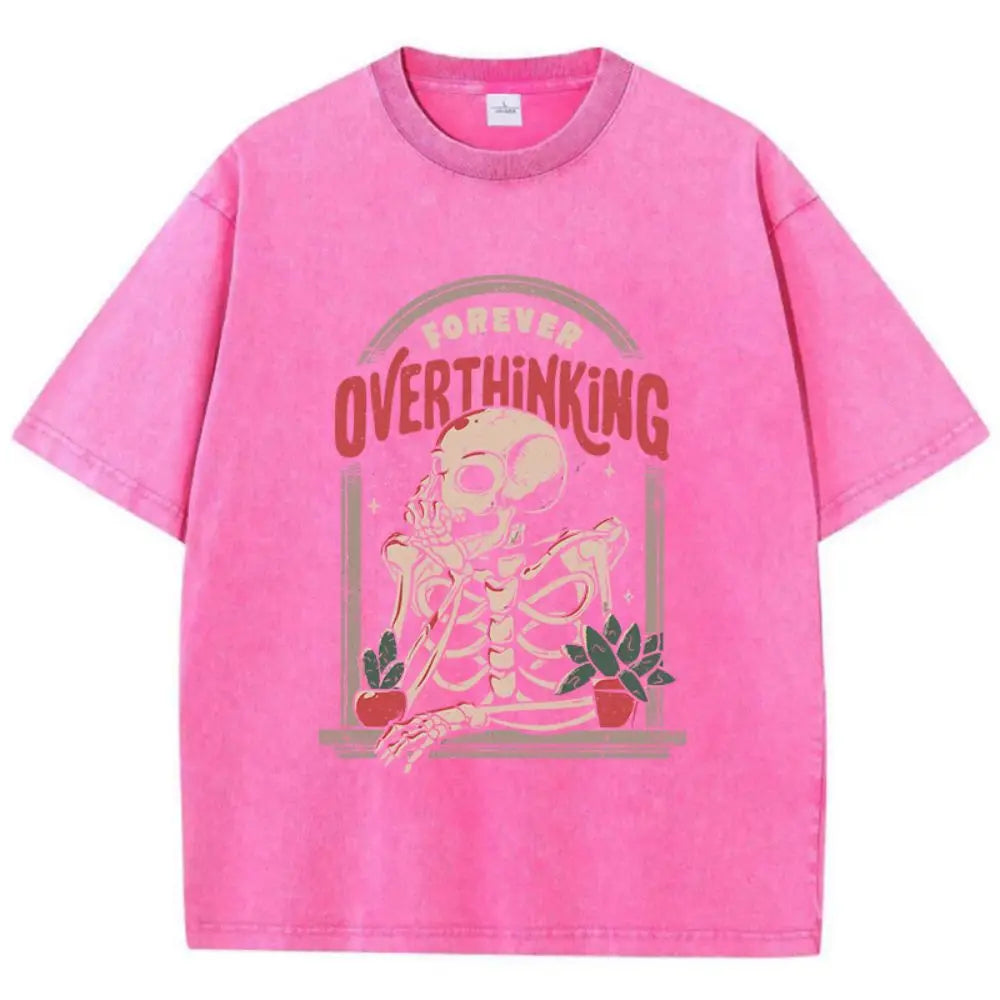 Casual Women'S Cotton Washed T-Shirts Skeleton Man On The Balcony Printing Tops Oversize O-Neck Soft Short Sleeve Female Clothes