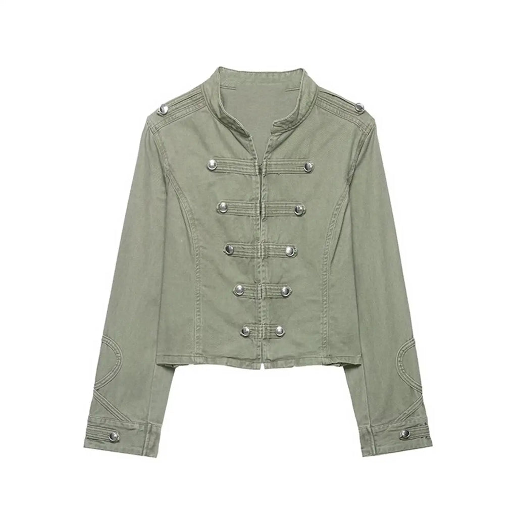 Crop Denim Jacket - Stand Collar Button Slim Fit
