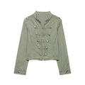 Crop Denim Jacket - Stand Collar Button Slim Fit