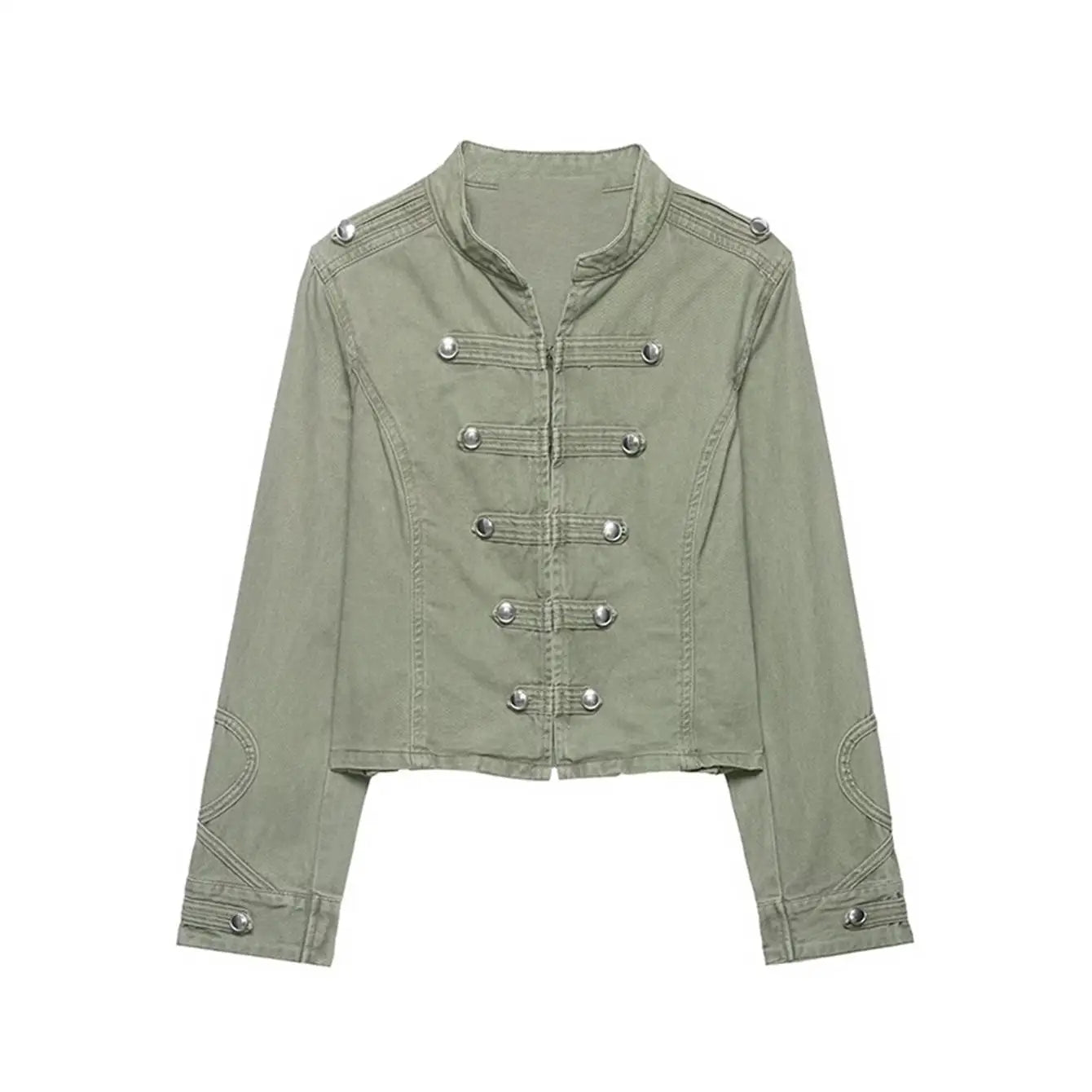 Crop Denim Jacket - Stand Collar Button Slim Fit