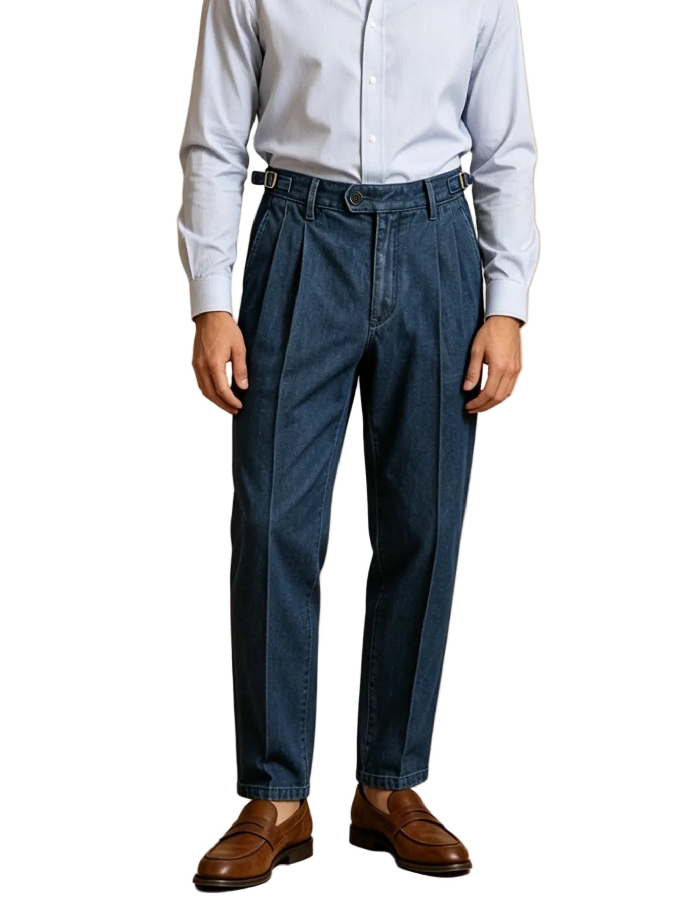 NAPLES PLEAT - Men's Neapolitan Double Pleat High Waist Suit Pants Denim Style - Navy Blue, S–XXL