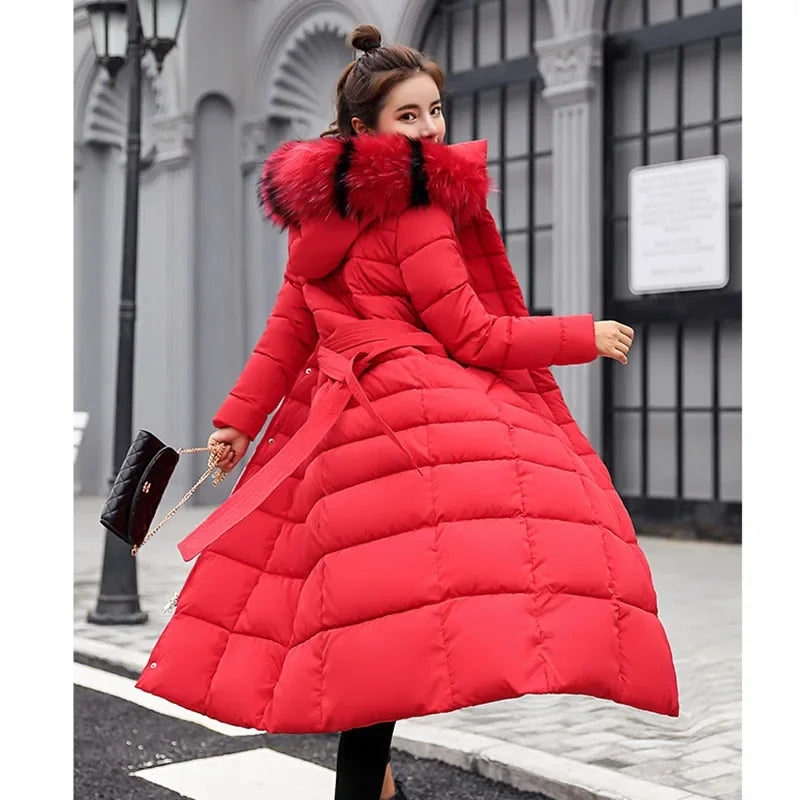 Long Fur Collar Parka – Over-Knee Hooded Padded Coat