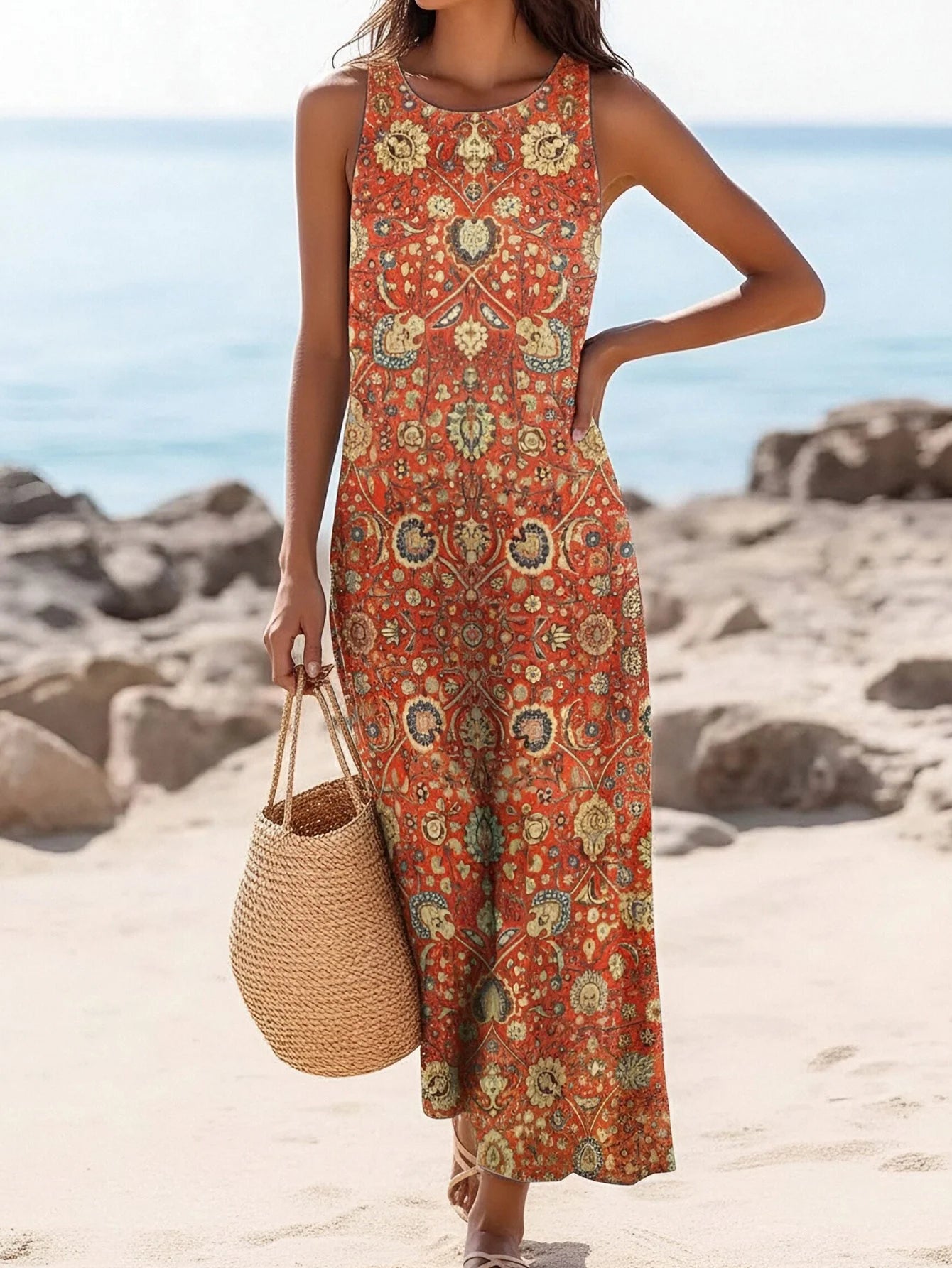 NEW Spring and Summer Vacation Style Paisley Pattern Women's Long Skirt Loose Sleeveless Fit Suitable Crew Neck Sleeveless Dress