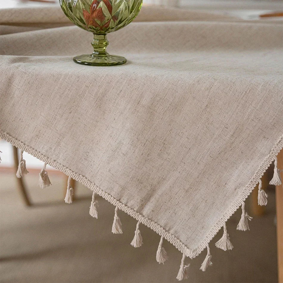 TASSEL TABLECLOTH - Cotton-Linen Blend, 3 Styles - Rustic Dining