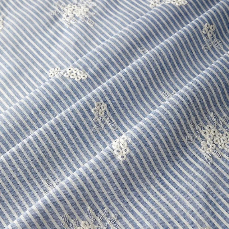 Ins Style Light Blue Striped Embroidered Polyester Cotton Fabric for Dress Shirt Kids Clothing DIY By The Yard