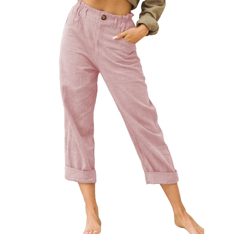 LINEN BLEND HAREM PANTS - Elastic Waist, Rolled Hem - All Day Ease
