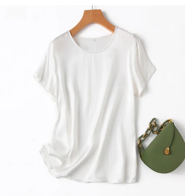 100% Mulberry Silk 19 Momme Charmeuse Silk Women Tank Top T-shirt Short Sleeve Shirt Blouse Solid Colors Summer M L XL AA4270