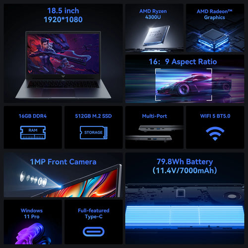 ACEMAGIC 18.5" Laptop Computer Windows 11 PRO 7000 mAh Battery AMD Ryzen 3 4300U Processor 16GB DDR4 RAM 512GB SSD Wifi5