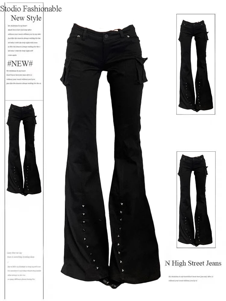 Goth Cargo Flare Jeans - Low Rise Studded Black Y2K