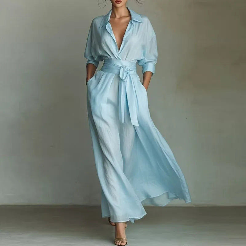 Shirt Maxi Dress – Deep V-Neck Tie Waist 3/4 Sleeve with Pockets