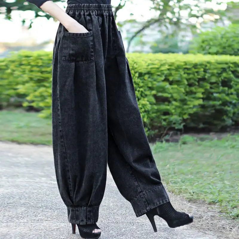 Pleated Wide Leg Pants – High Waist Elastic Casual Vintage