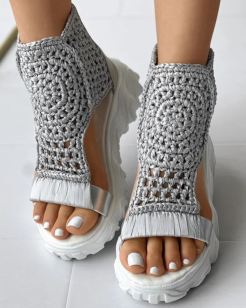 Hot Seller Gold Knitted Sandals for Women Braided Elastic Summer Shoe Mesh Flat Bottom Hollow Out Female Sandals Sandalias Mujer