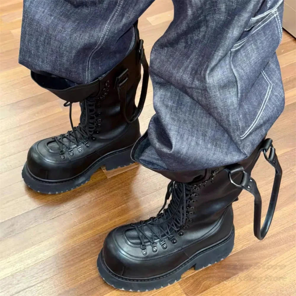 CROSS STRAP - High-Top Black Leather Work Boots - Make Every Step Count