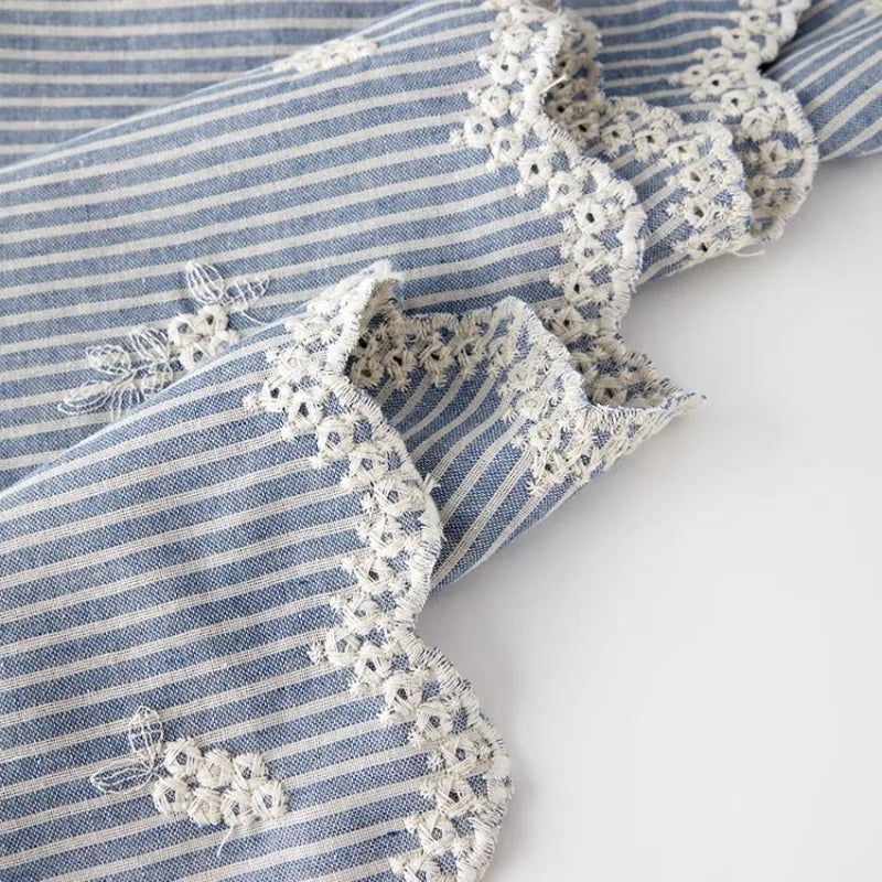 Ins Style Light Blue Striped Embroidered Polyester Cotton Fabric for Dress Shirt Kids Clothing DIY By The Yard