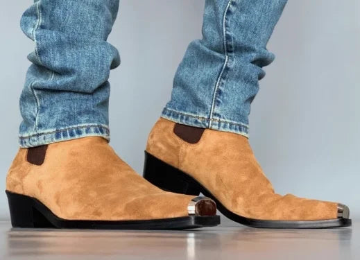 Men's Genuine Leather Chelsea Boots - Metal Square Toe Slip-On Motorcycle Ankle Boots