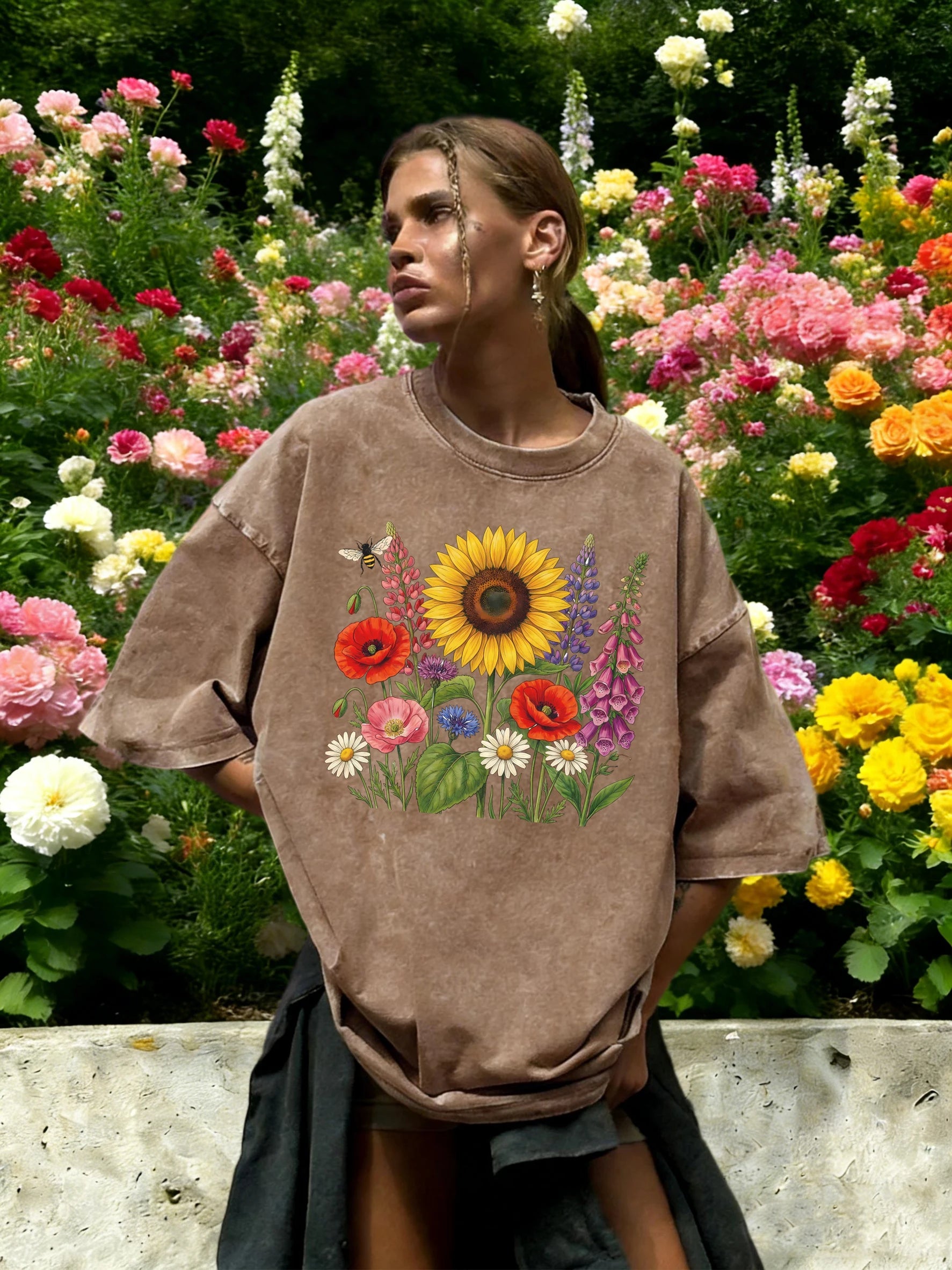 Colorful Sunflowers Beautiful Flowers Printed Washed T-Shirt Women O-Neck Cotton T Shirt Loose Clothes Vintage Summer Sportswear