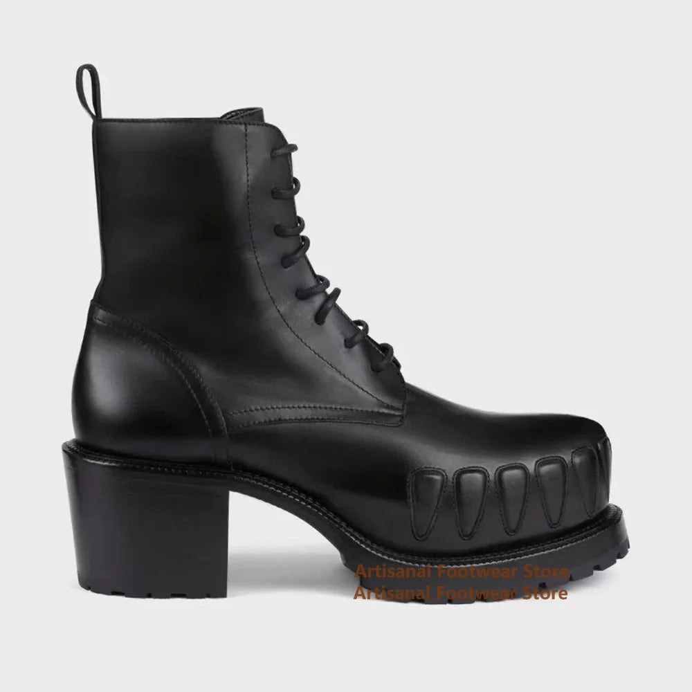 THUNDER FANG - Artisan Monster Boots - Lightning Bolt & Tooth Sole, Multi-Color Chunky Heel