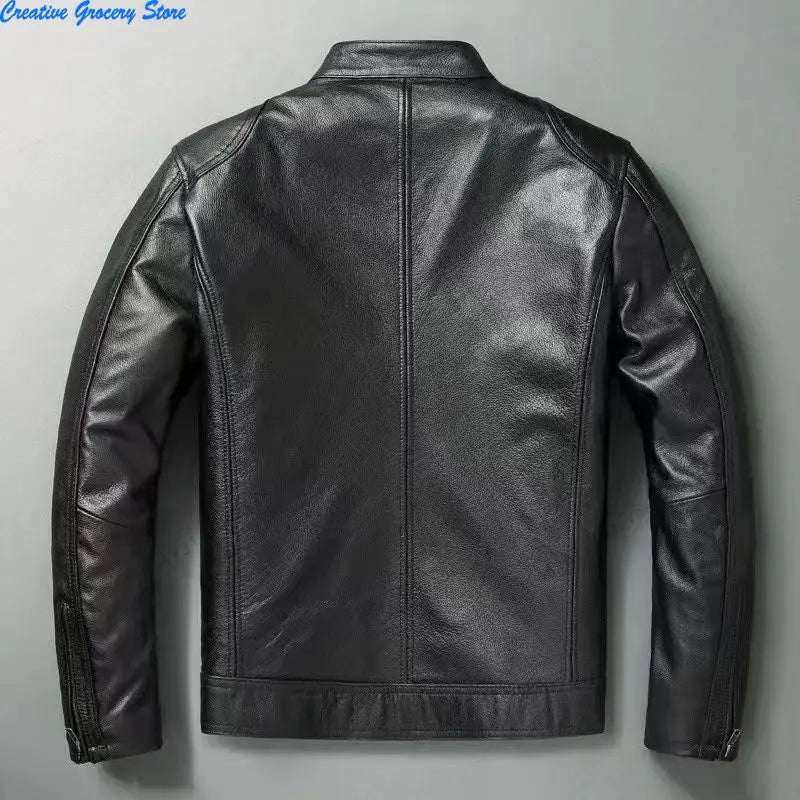 IRON HIDE - Men's Cowhide Leather Biker Jacket - Stand Collar, 4 Colors, M-XXXL