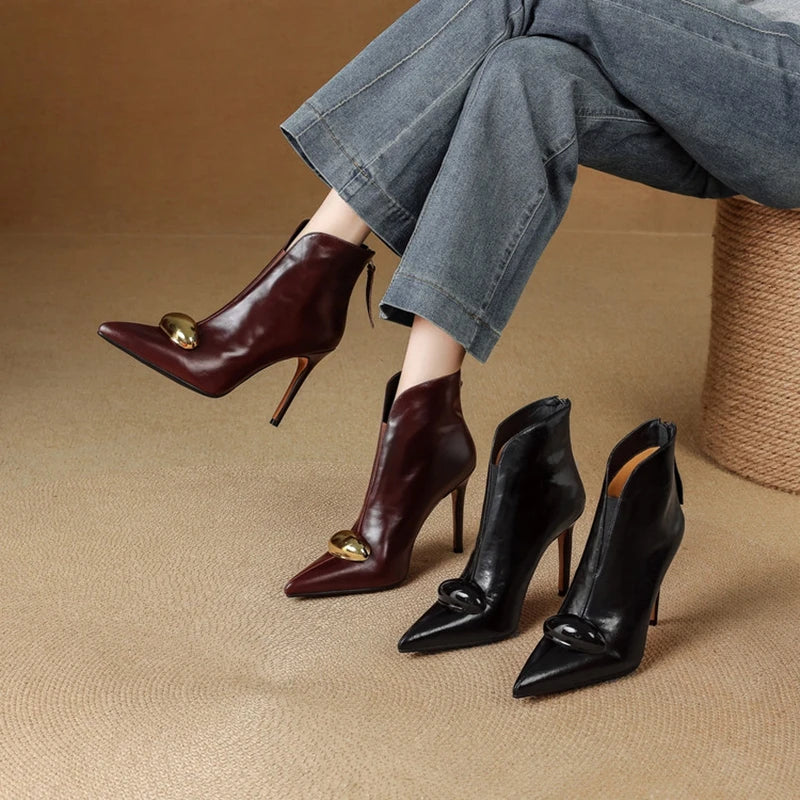 Genuine Leather Pointed Toe Stiletto Ankle Boots