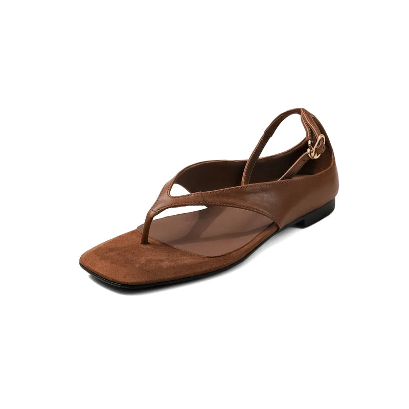 Split Toe Flat Sandals Women's Flip-Flops Genuine Leather Solid Color Back Strap Casual Sandalias Outdoor Versatile Beach Shoes