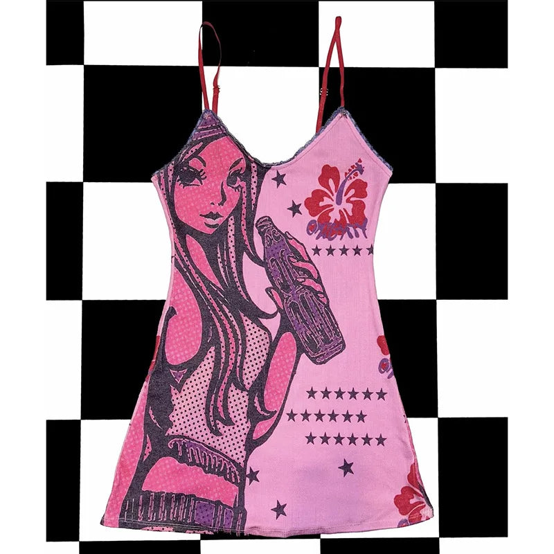 Y2K Cat Print Dress European American Summer Retro Pink Pure Desire Suspender
