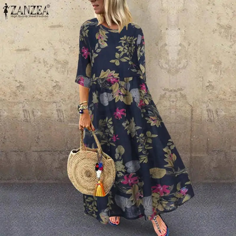 Women's Summer Short Sleeve Sundress ZANZEA Woman Floral Printed Dress Bohemian Elegant Casual Oversized  Holiday Long Dresses