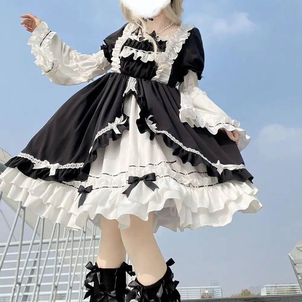 Lolita Dress OP White Night Aurora - Detachable Sleeves Korean Bow Lace Dress, Sweet Gothic Aristocrat Jumper Skirt, Kawaii Cosp