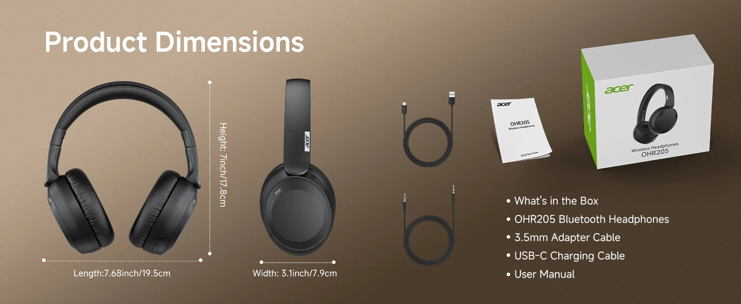 Acer OHR205 Wireless Headphones - Foldable Over-Ear, Multipoint
