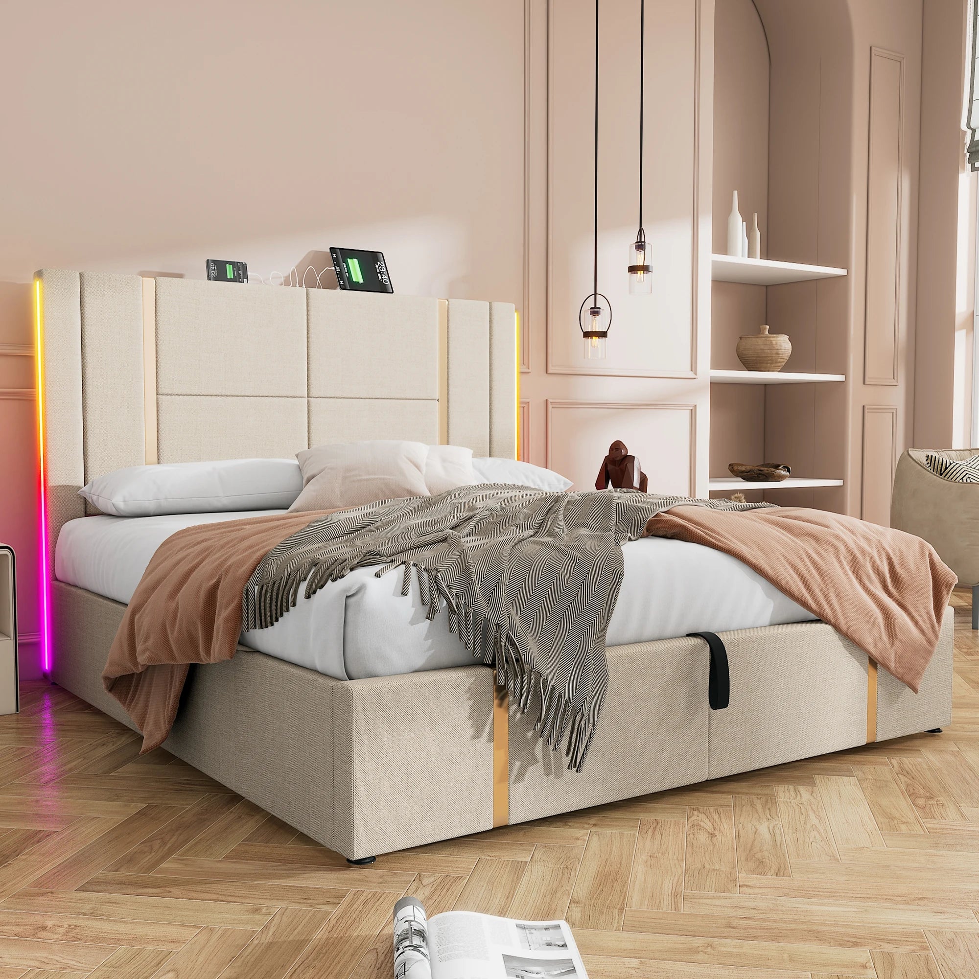 PLATFORM BED WITH STORAGE - Hydraulic Lift, Channel Headboard - Easy Nights