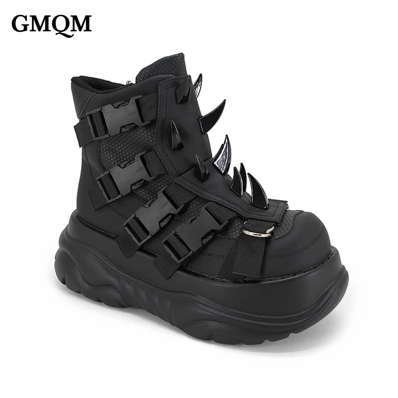 Y2K Gothic Patent Ankle Boots – Metal Decor Platform