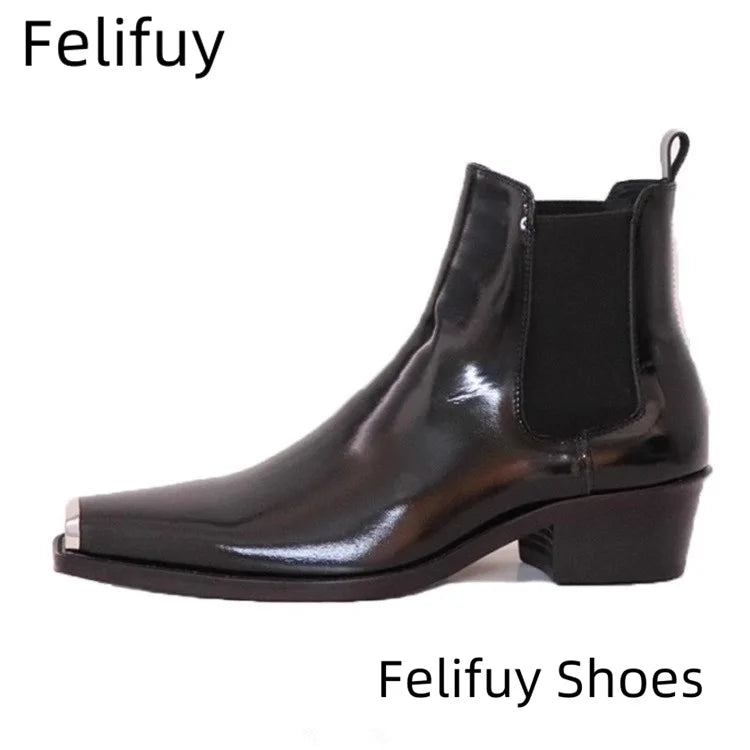Men's Genuine Leather Chelsea Boots - Metal Square Toe Slip-On Motorcycle Ankle Boots