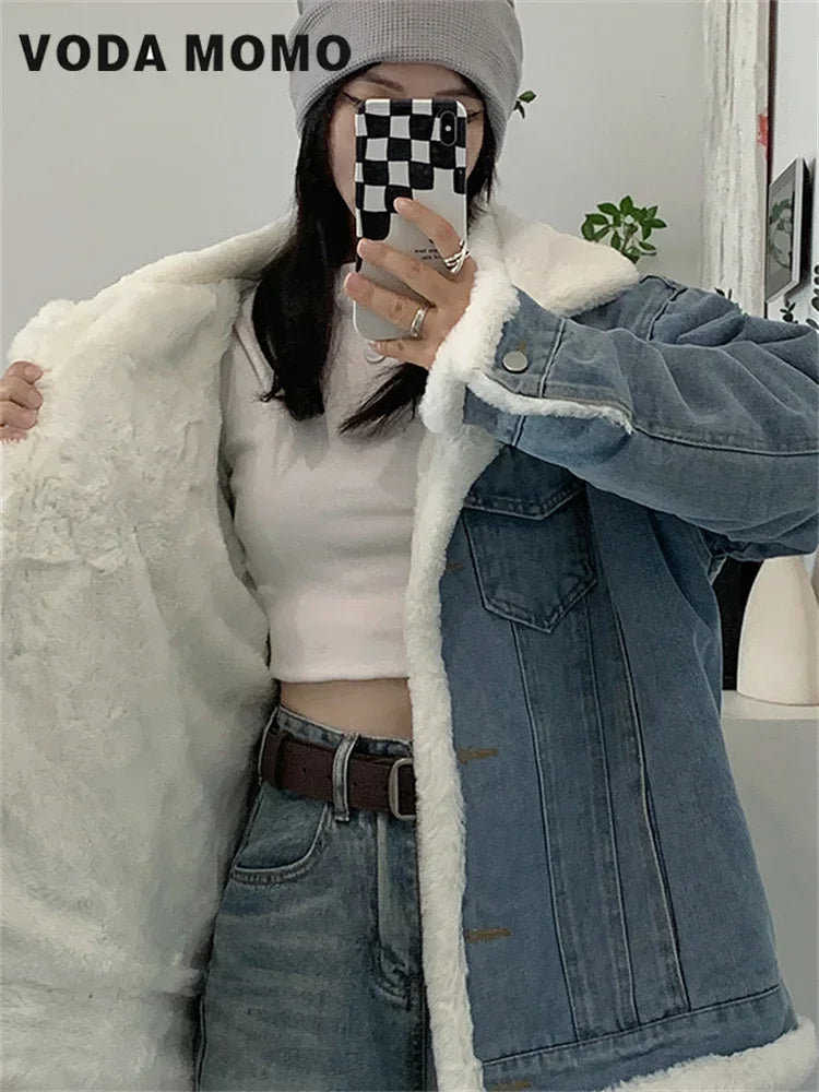 Fur Collar Denim Jacket – Fleece Lined Retro Casual
