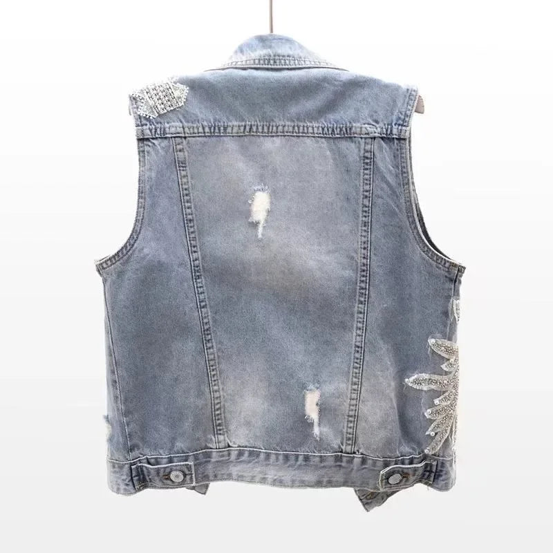 Lace Beaded Denim Vest – Loose Vintage Waistcoat