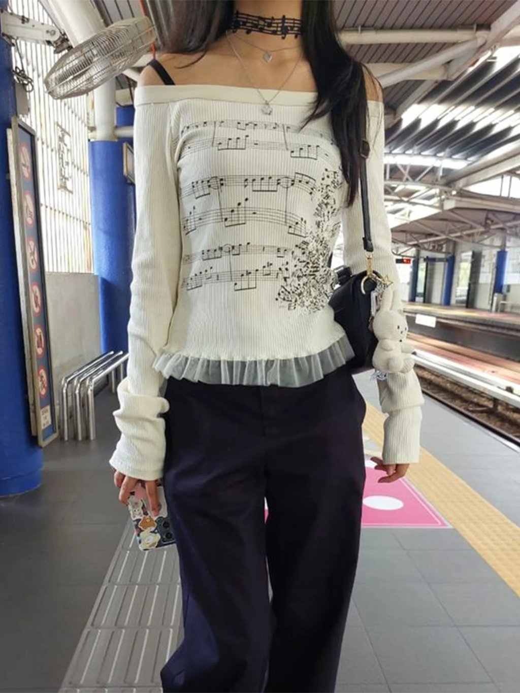 Women Y2K Graphic Long Sleeve Top Off Shoulder Music Score Tee Shirt Aesthetic Fairy Grunge T-Shirt 2025 Fall Streetwear