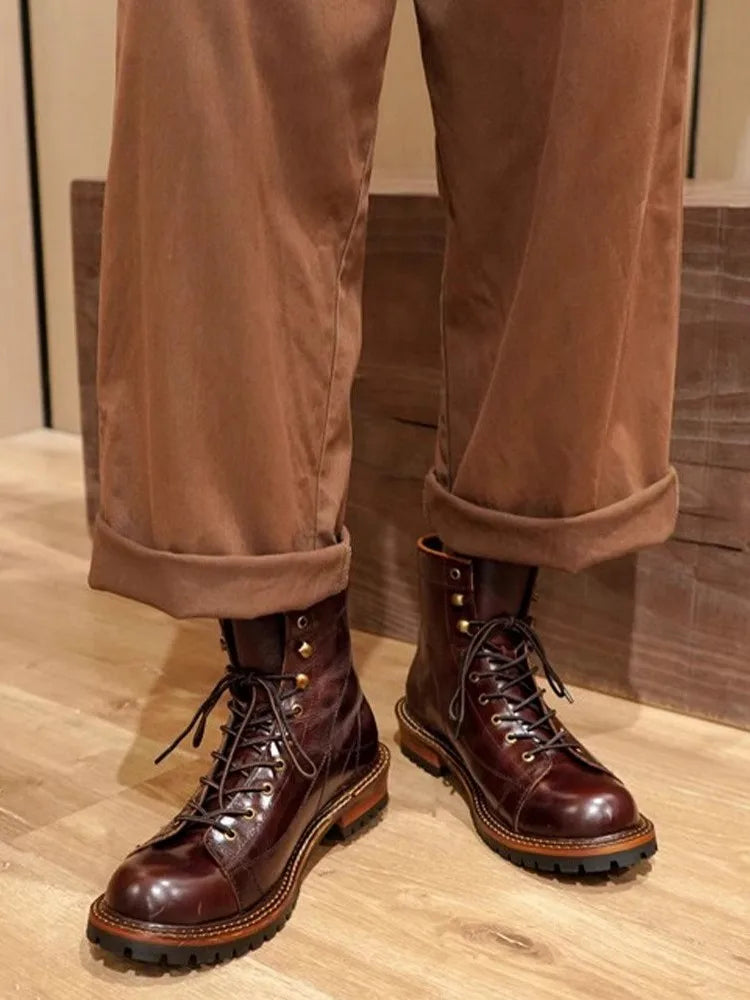 Men's Oil Wax Cowhide Leather Ankle Boots - Handmade Lace-Up Motorcycle British Style